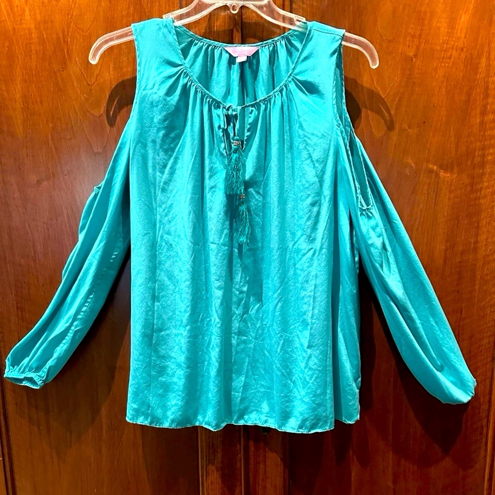 Lilly Pulitzer Women's Silk Cold Shoulder Blouse Size XL Tassels